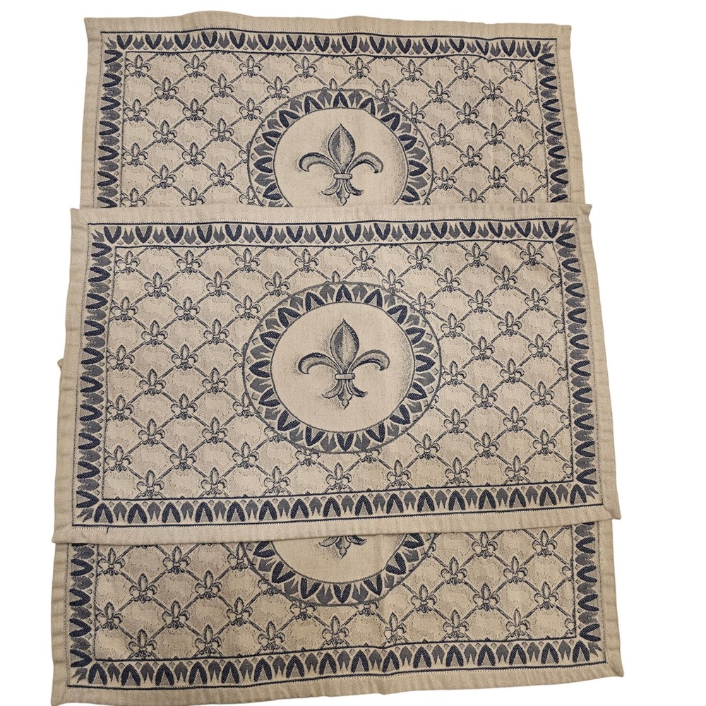 Anichini Italy Blue Cream Fleur-de-Lis Cotton Placemats Set of 3 Woven 20x13